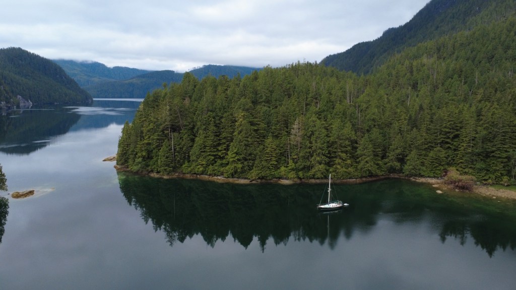 Drone shot of Oceana anchored in Kwatsi Bay.