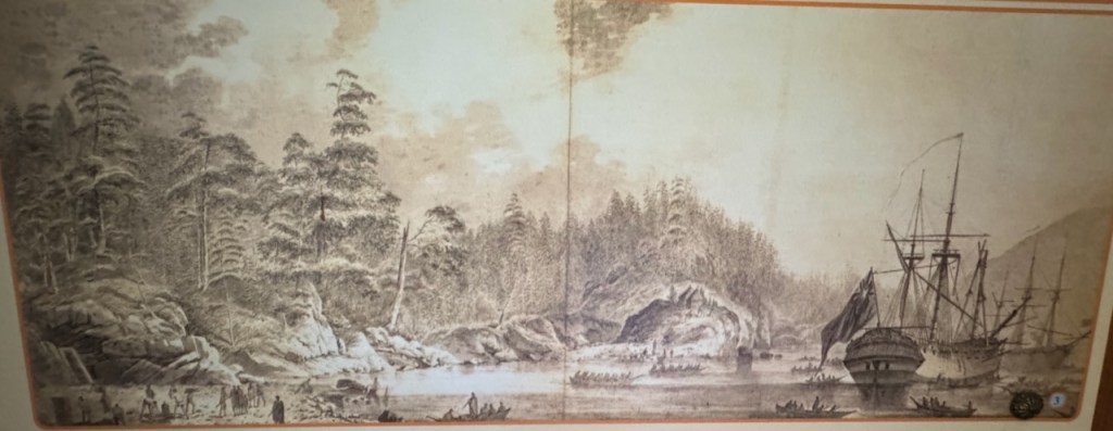 Drawing of Explorers landing in Yuquot
